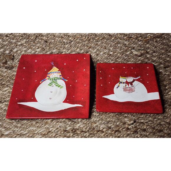 2 Snowmates Square Dinner & Salad Plates Red Snowman Christmas Holidays Sakura - Picture 1 of 10